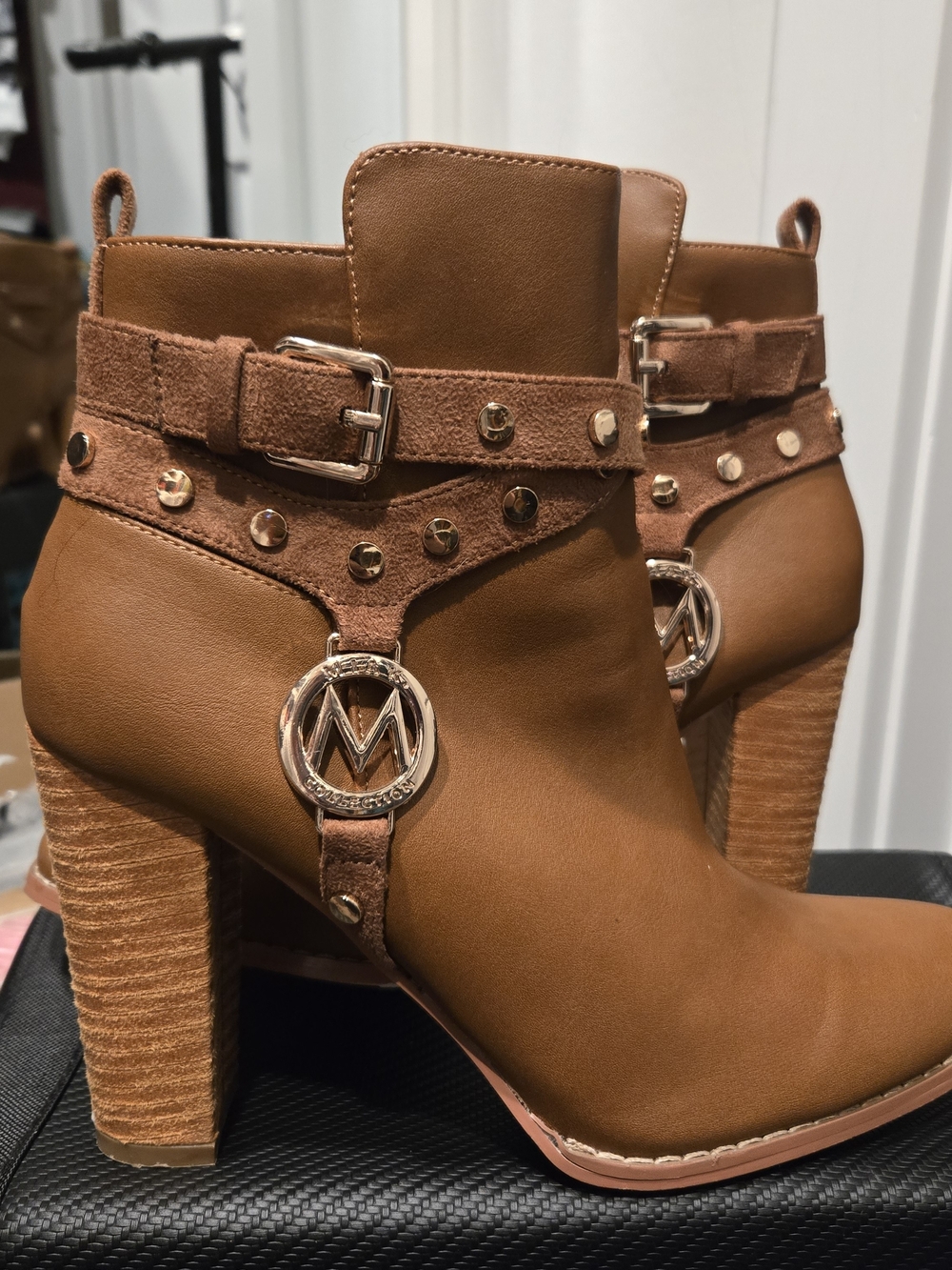 Women’s Chestnut Ankle Booties with Suede Strap & Logo Accent
